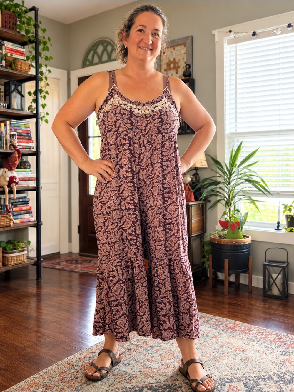 NATURAL LIFE Mauve Floral Lace-Trim Maxi Jumpsuit